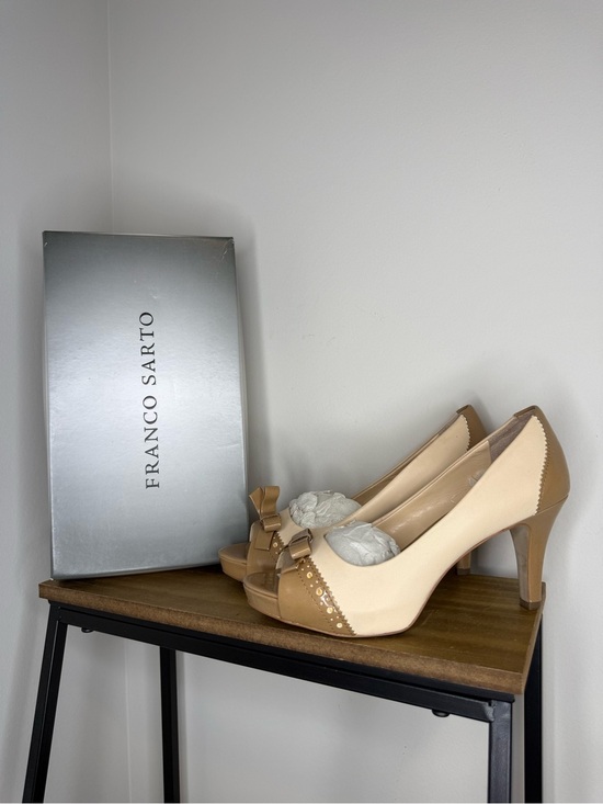 Franco Sarto Shoes - Franco Sarto Two-Tone Beige & Tan Peep-Toe Heels with Bow